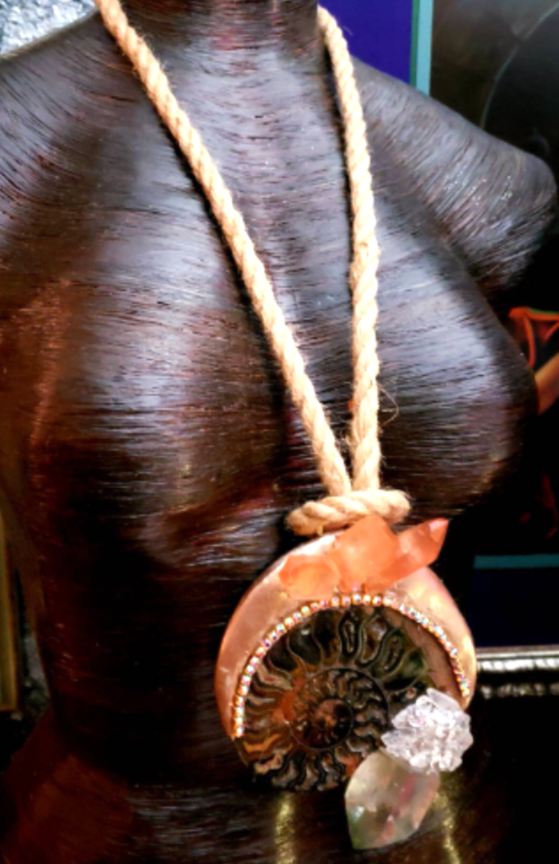 Ammonite Fossil & Quartz Point Sculpted Amulet With Hemp Rope