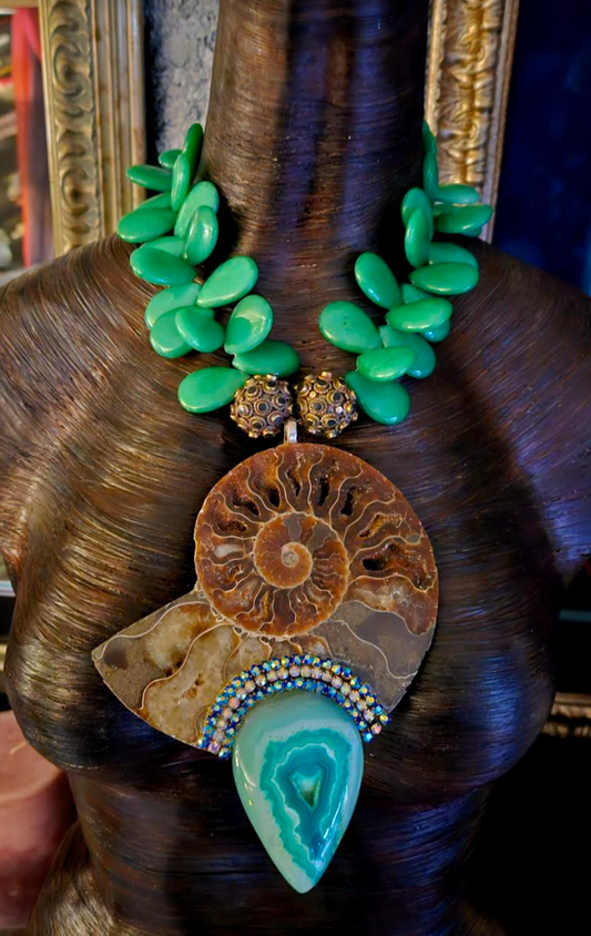 Ammonite Fossil & Emerald Agate Necklace – Earthy High End Glamour