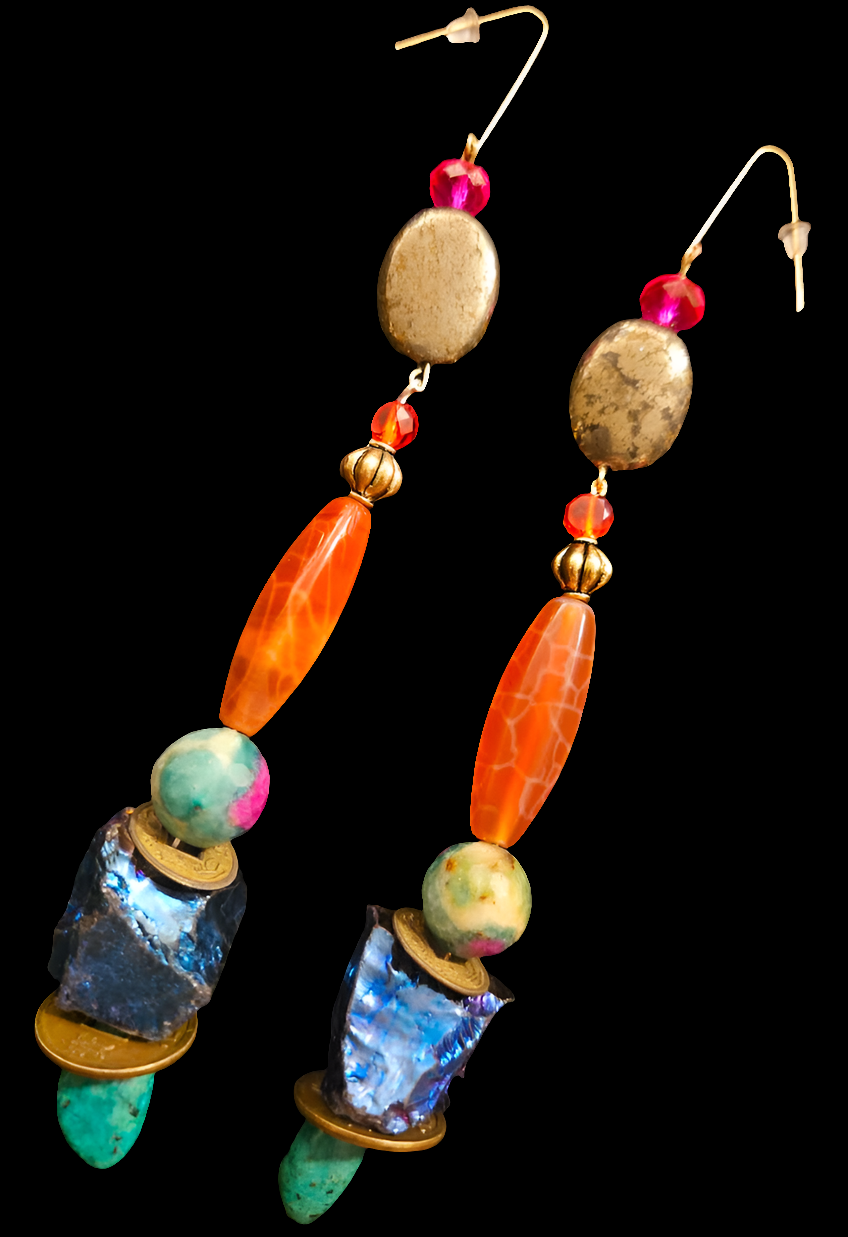 Long and Colorful Mixed Gemstone Pierced Statement Earrings Quartz A