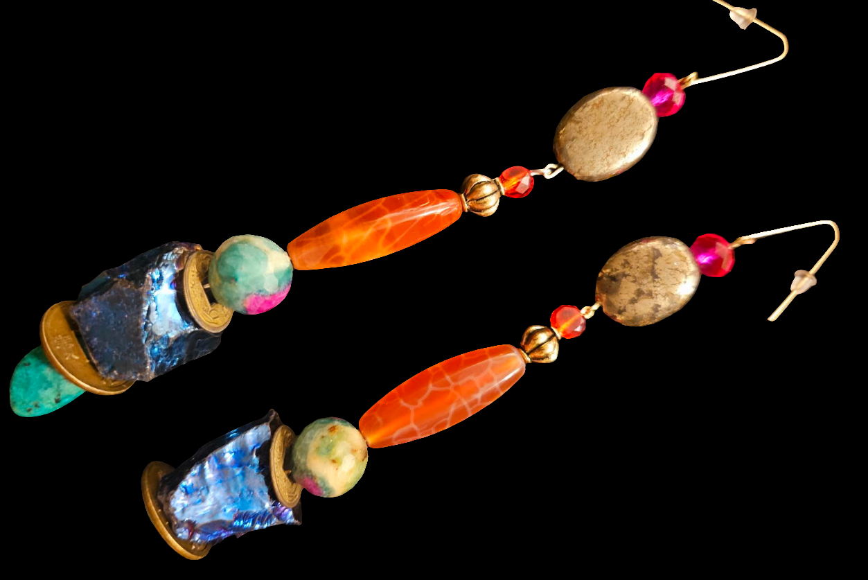 Long and Colorful Mixed Gemstone Pierced Statement Earrings Quartz A