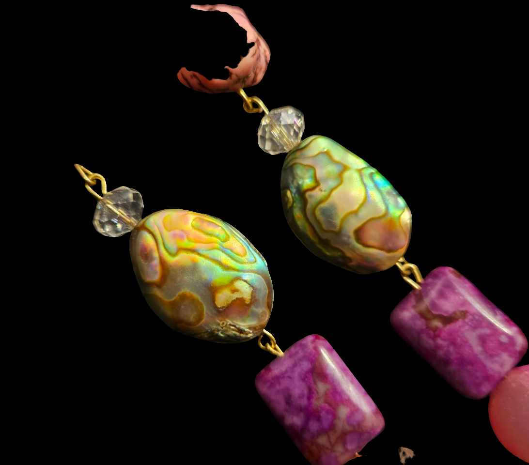 Pink Purple and Aurora Borealis Beaded Dangle Pierced Statement Earrin