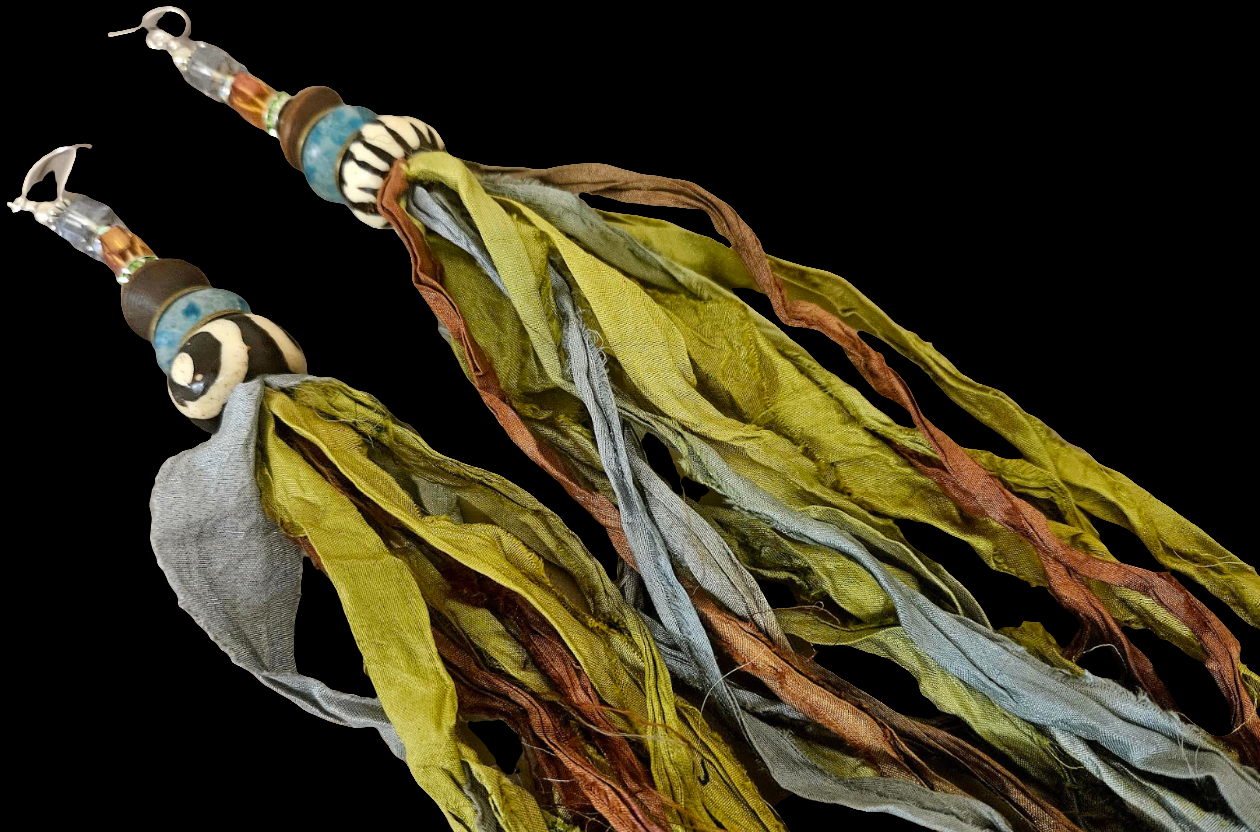 Soft Earth Tone Sari Silk Distressed Ribbon Sterling Silver Pierced