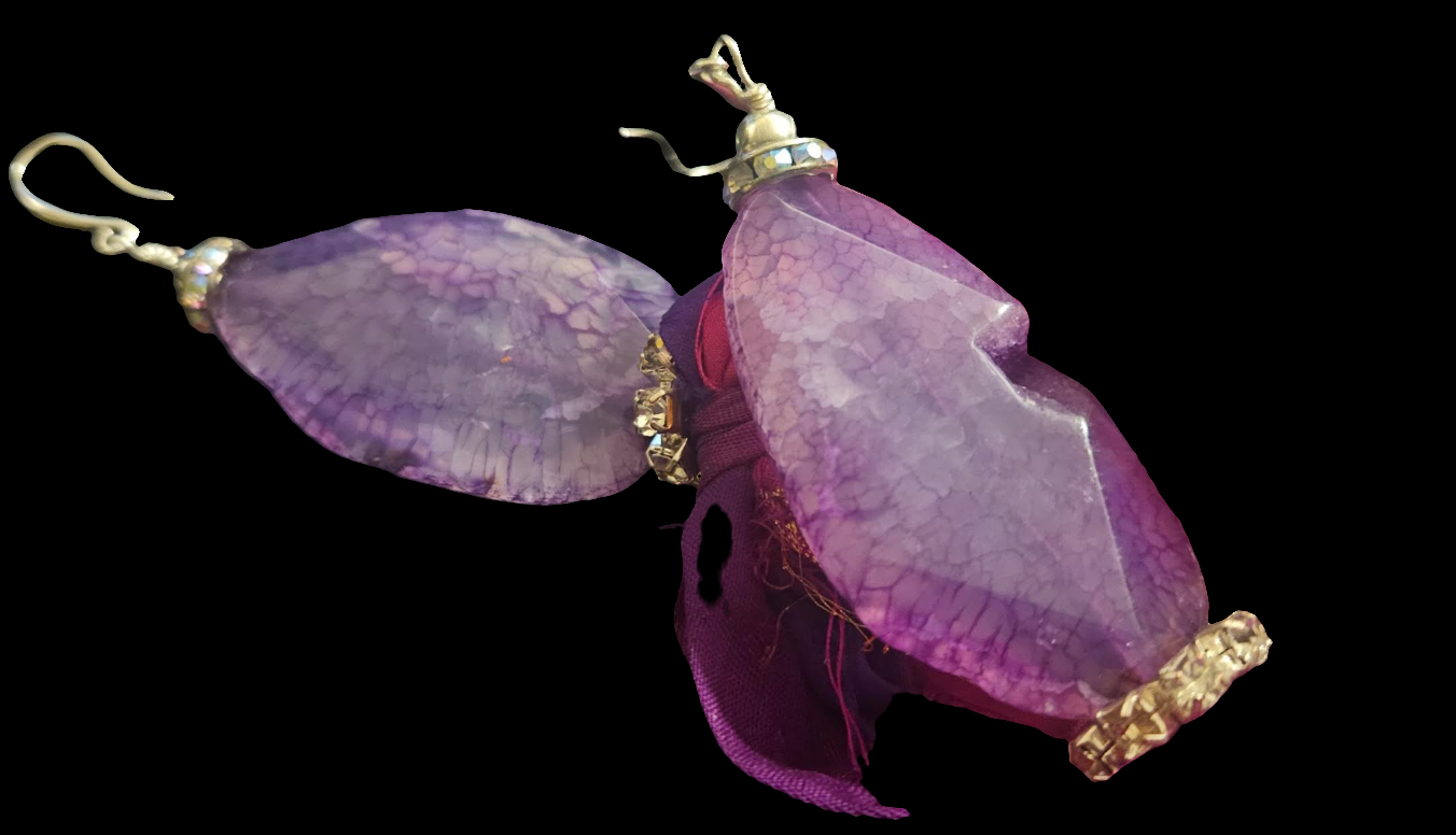 Fuchsia & Purple Sari Silk Ribbon With Agate Pierced Statement Earring