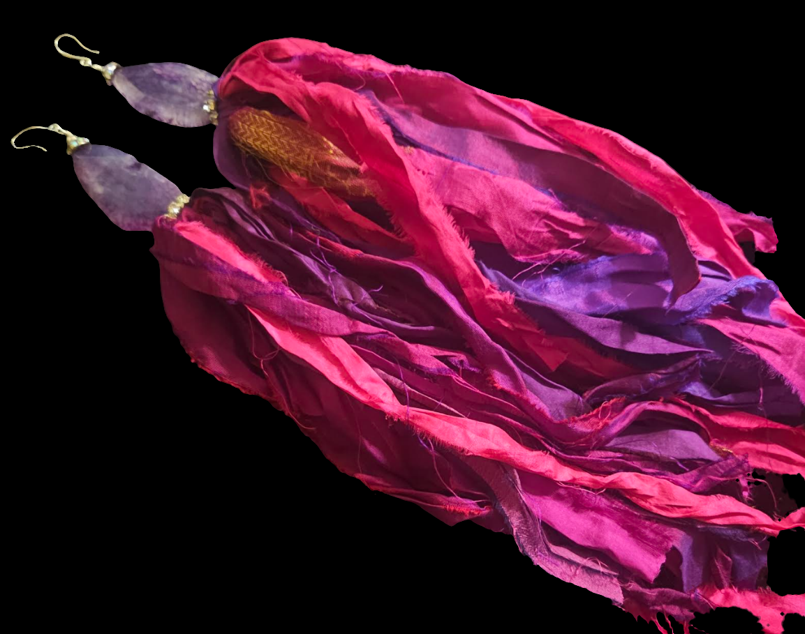 Fuchsia & Purple Sari Silk Ribbon With Agate Pierced Statement Earring