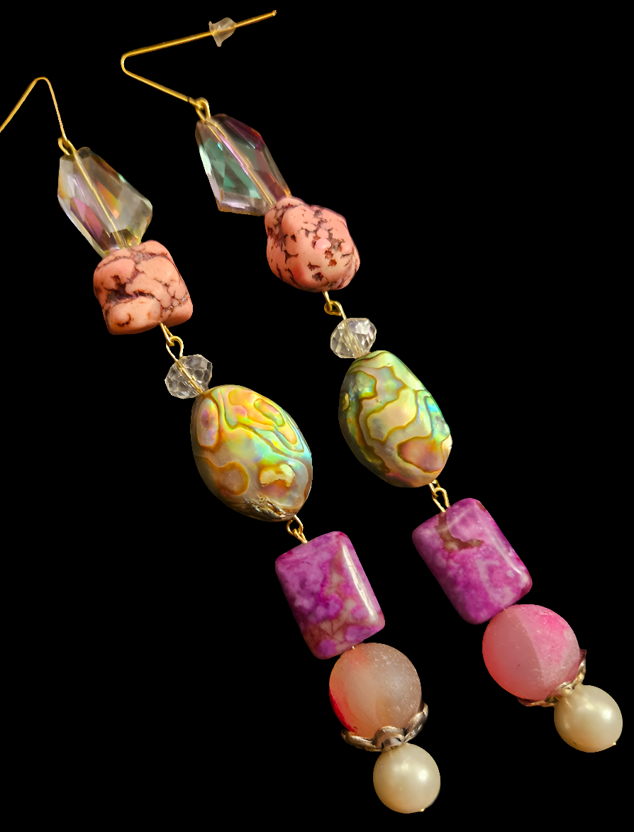 Pink Purple & Aurora Borealis Beaded Dangle Pierced Statement Earrings