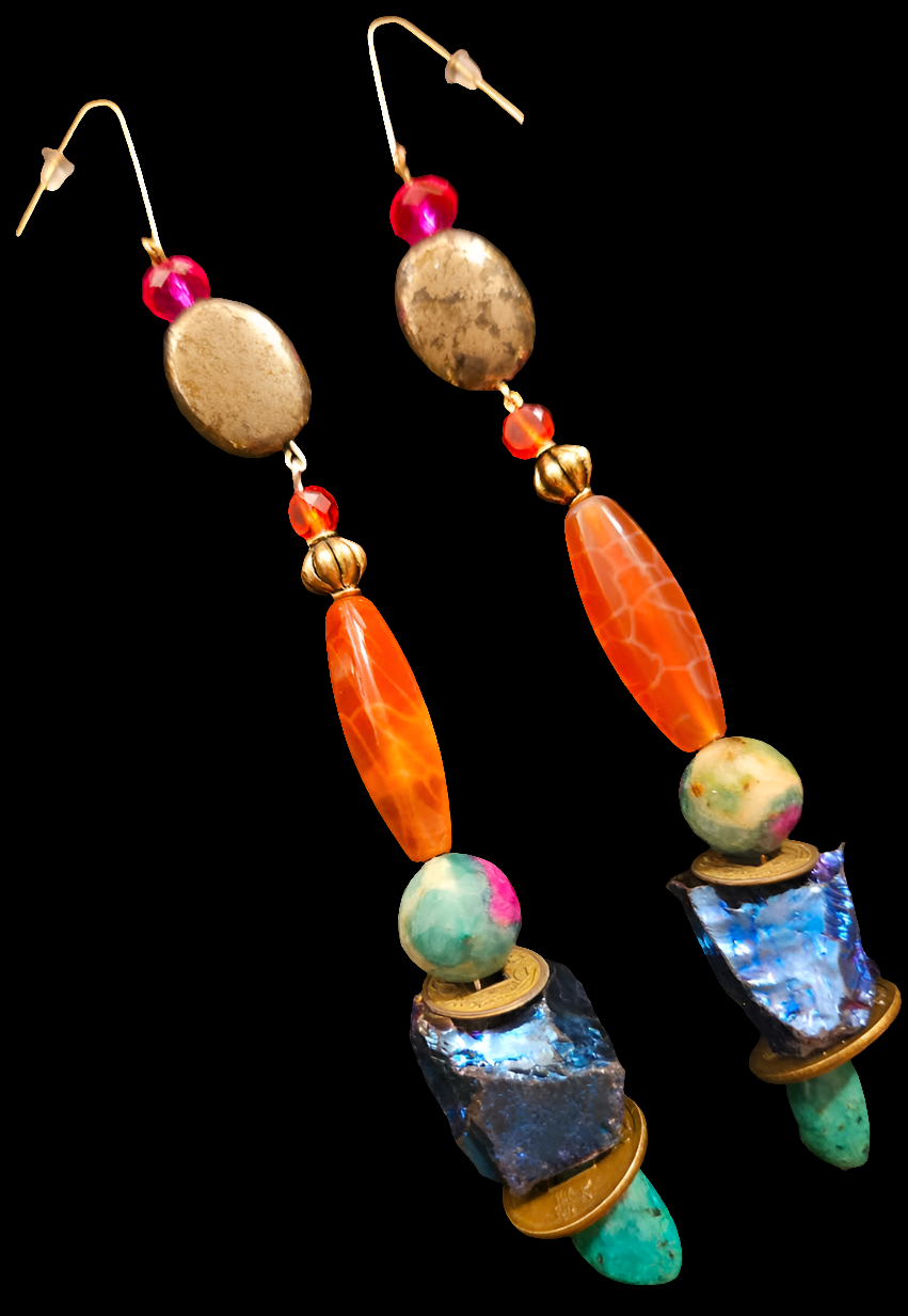 Long and Colorful Mixed Gemstone Pierced Statement Earrings Quartz A