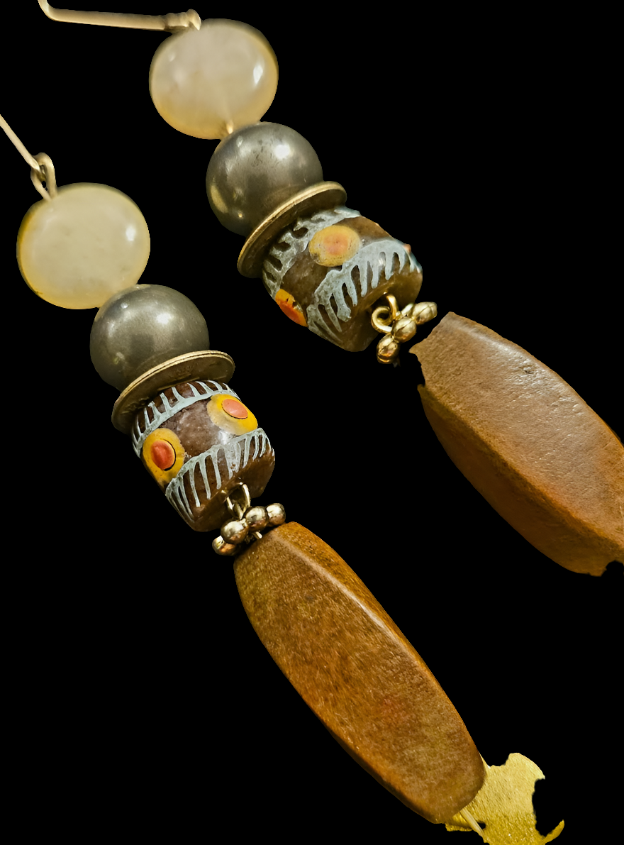 Earth Tone Jasper Wood & Glass Shoulder Dusters Brown Earthy Long