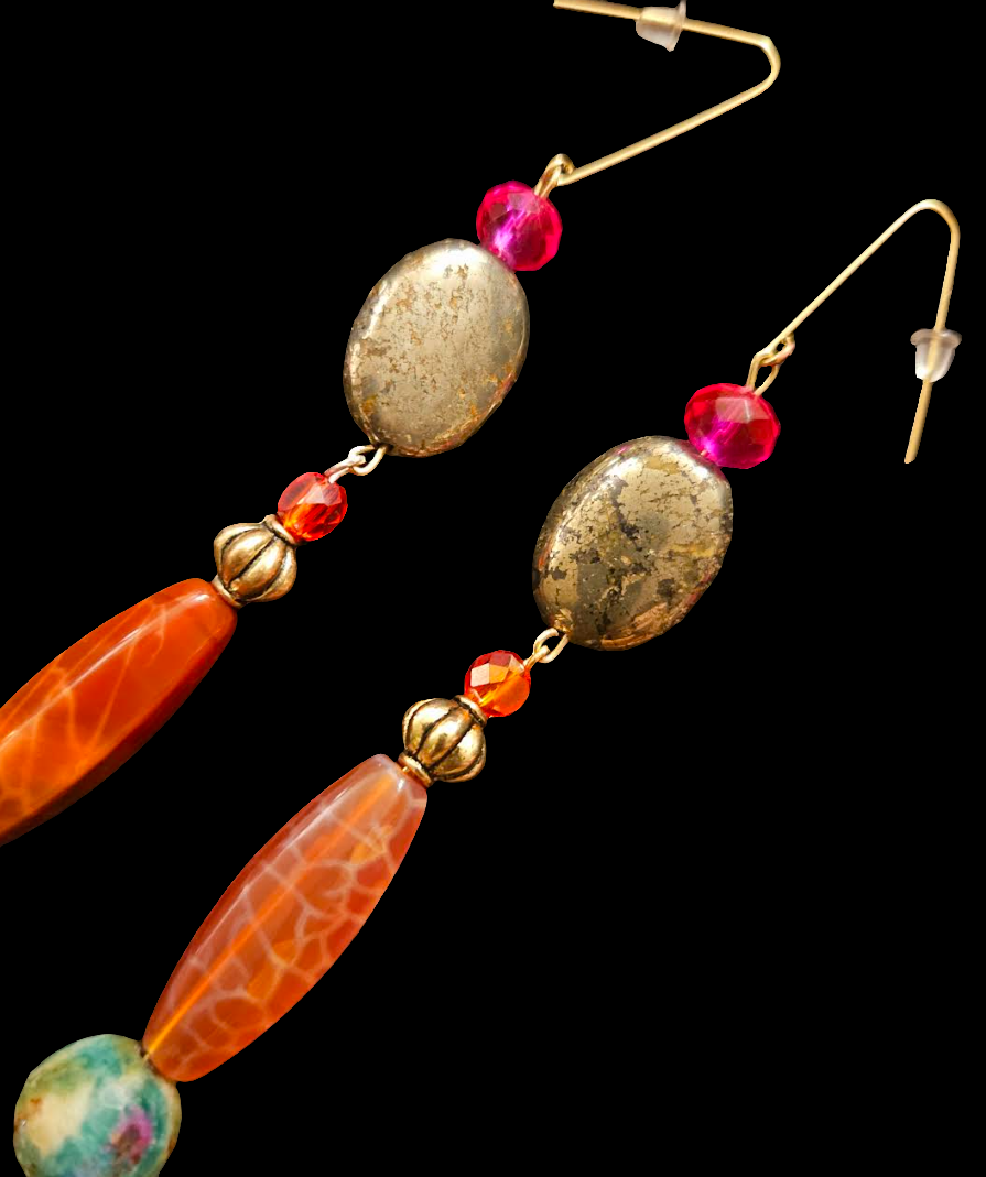 Long and Colorful Mixed Gemstone Pierced Statement Earrings Quartz A
