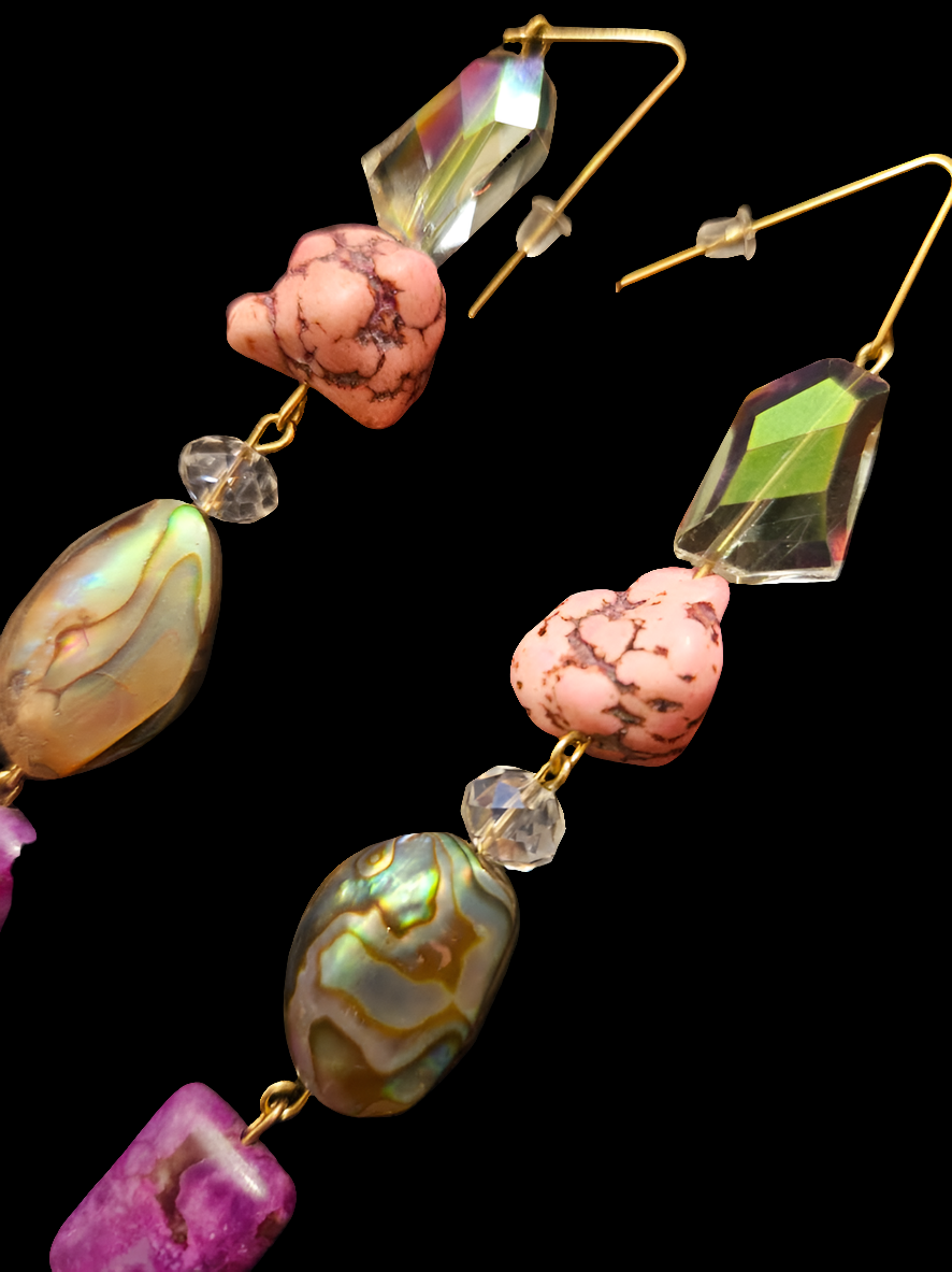 Pink Purple and Aurora Borealis Beaded Dangle Pierced Statement Earrin