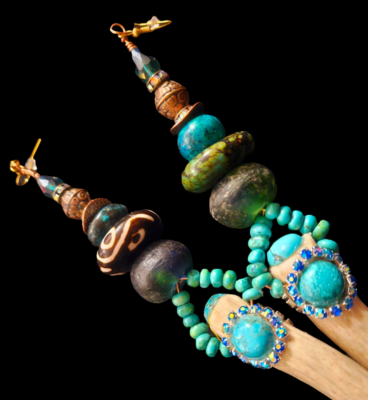 Avant Garde Turquoise and Sculpted Antler Horn Shoulder Duster Pierced