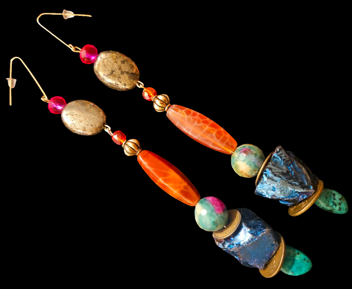 Long and Colorful Mixed Gemstone Pierced Statement Earrings Quartz A