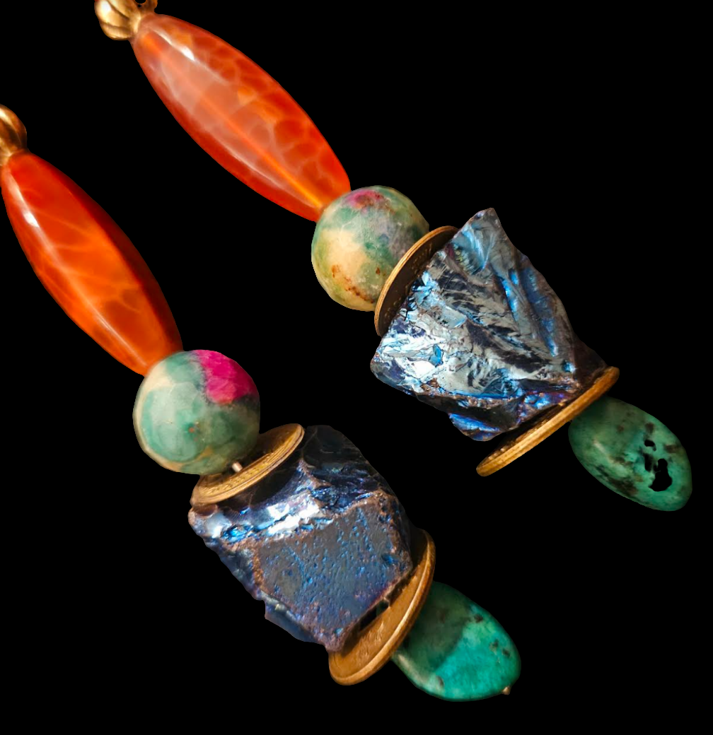 Long and Colorful Mixed Gemstone Pierced Statement Earrings Quartz A