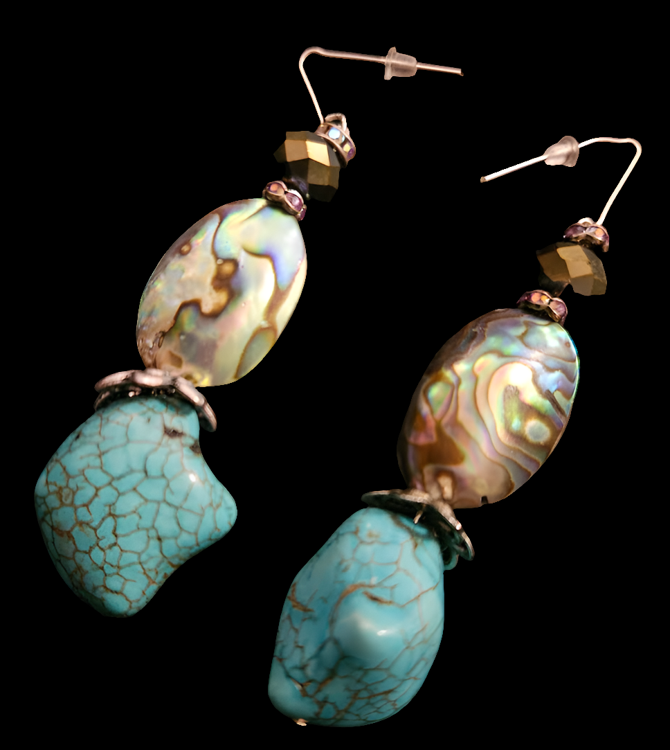 Abalone & Faux Turquoise Dangle Pierced Statement Earrings Gemstone