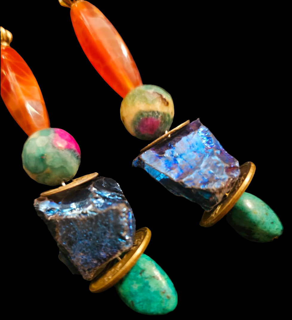 Long and Colorful Mixed Gemstone Pierced Statement Earrings Quartz A