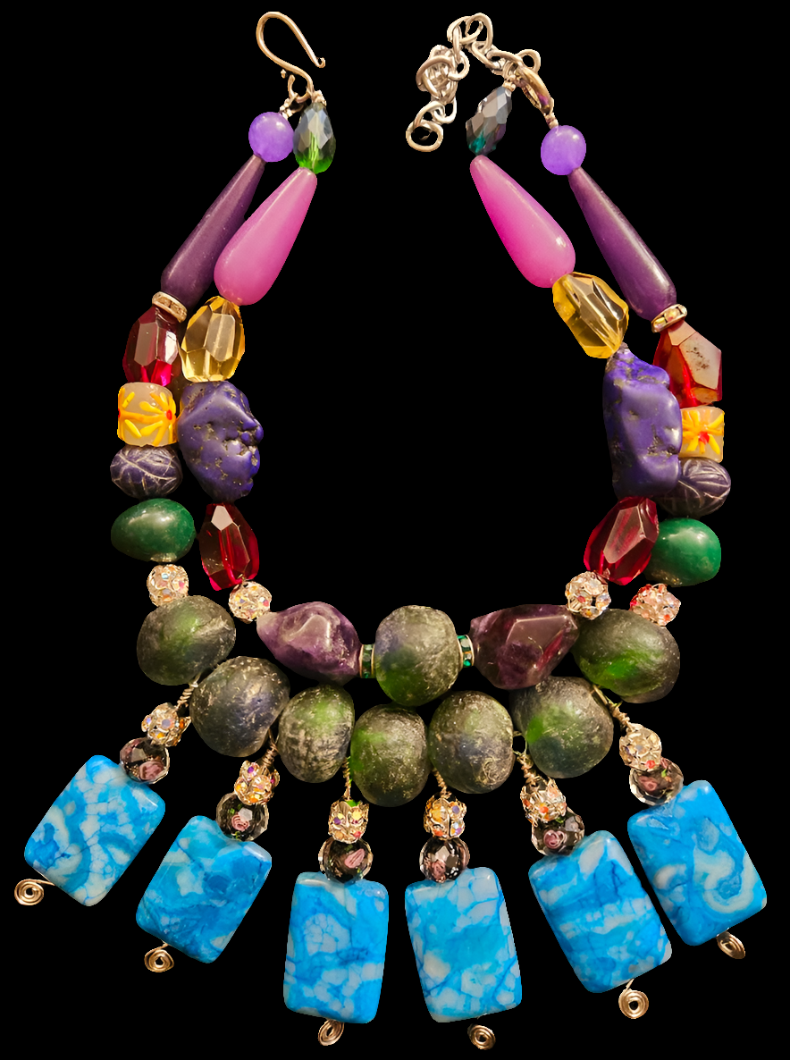Colorful Mixed Media Beaded Statement Luxury Necklace Beaded Blue Da