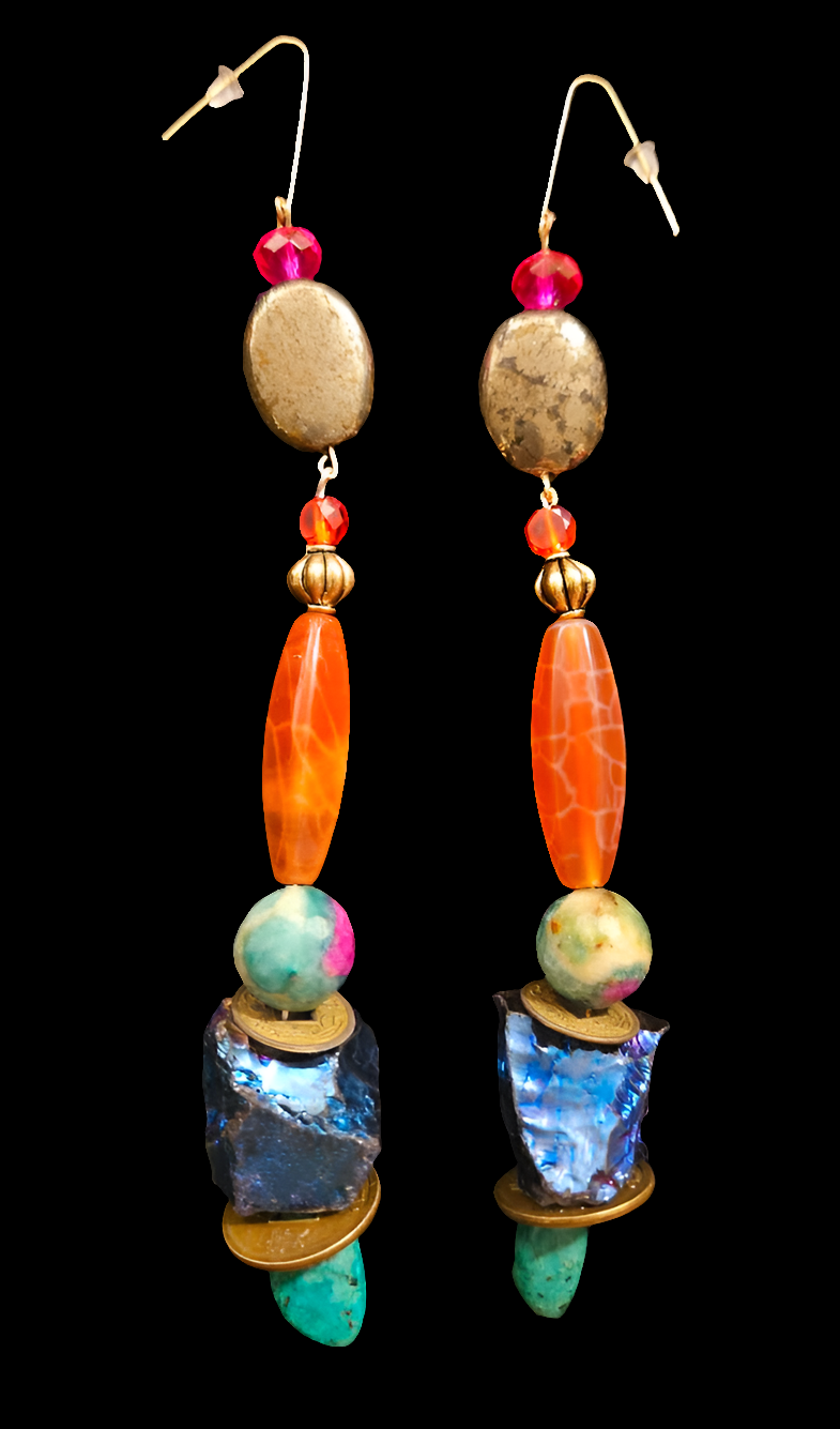 Long and Colorful Mixed Gemstone Pierced Statement Earrings Quartz A
