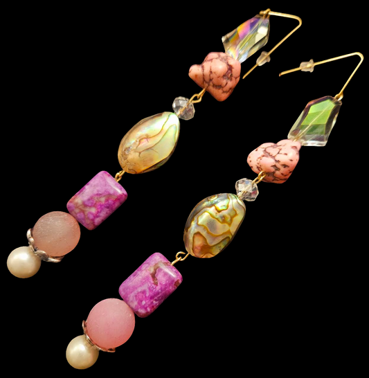 Pink Purple & Aurora Borealis Beaded Dangle Pierced Statement Earrings