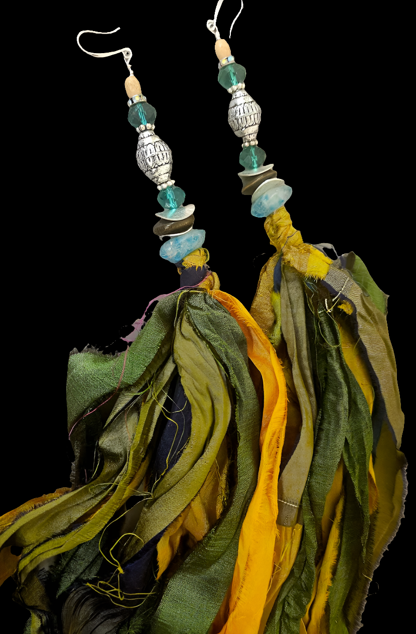 Earth Tone Distressed Silk Tassle Pierced Statement Earrings, Earthy S