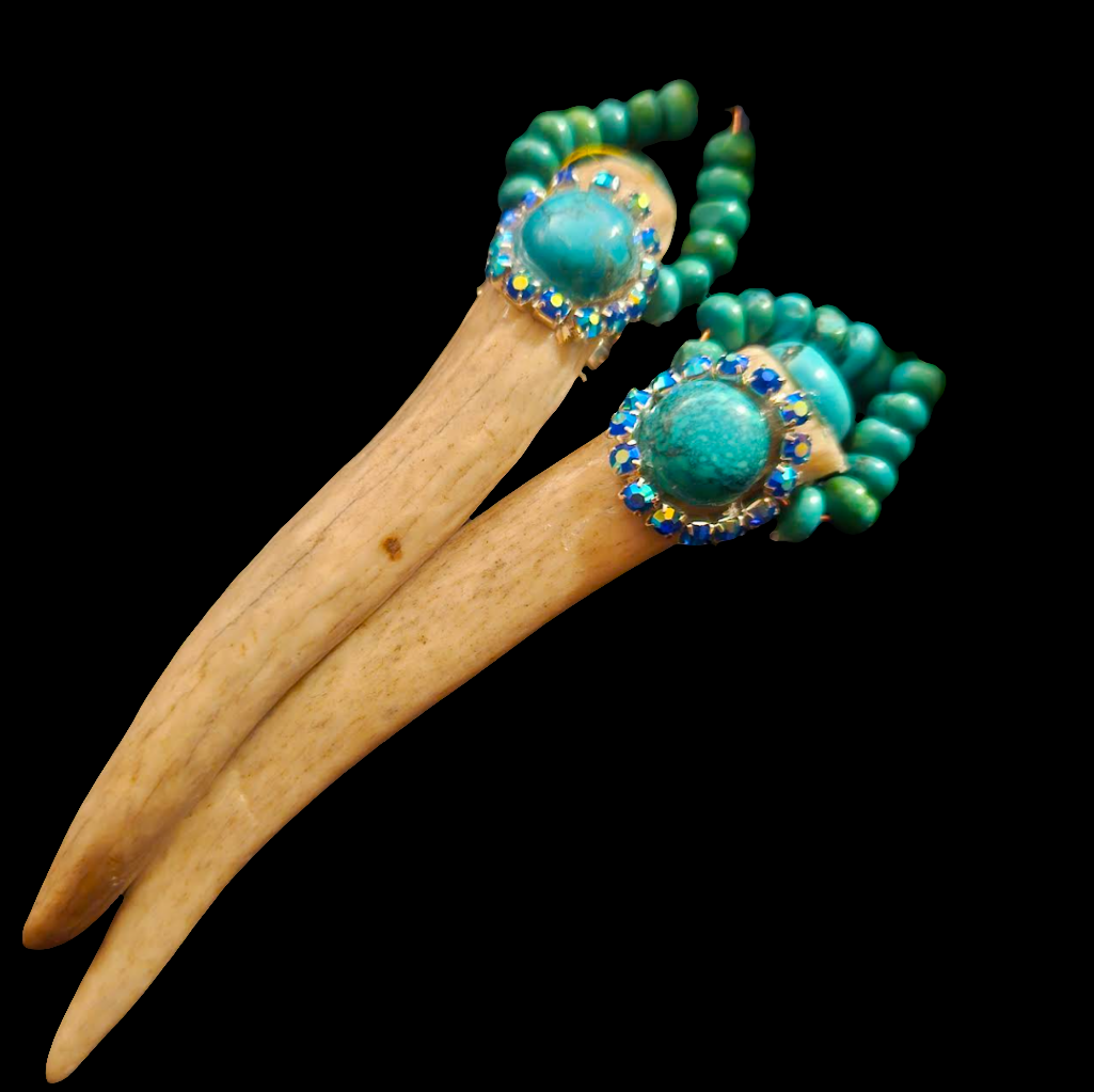 Avant Garde Turquoise and Sculpted Antler Horn Shoulder Duster Pierced