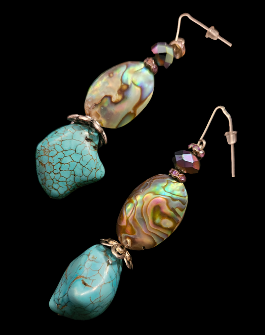 Abalone & Faux Turquoise Dangle Pierced Statement Earrings Gemstone