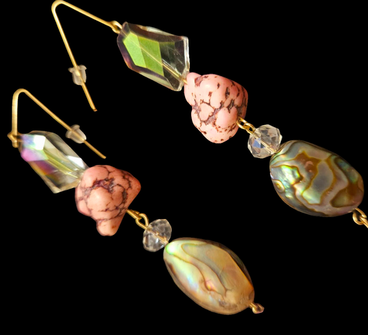 Pink Purple and Aurora Borealis Beaded Dangle Pierced Statement Earrin