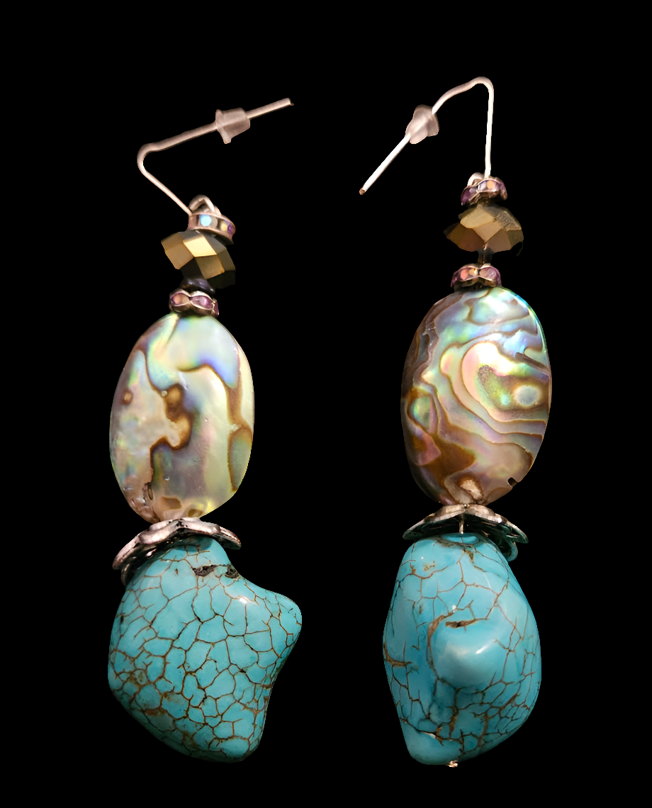 Abalone & Faux Turquoise Dangle Pierced Statement Earrings Gemstone