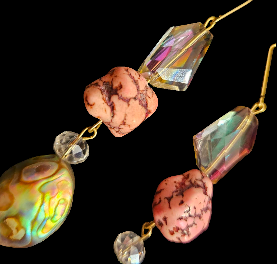 Pink Purple and Aurora Borealis Beaded Dangle Pierced Statement Earrin