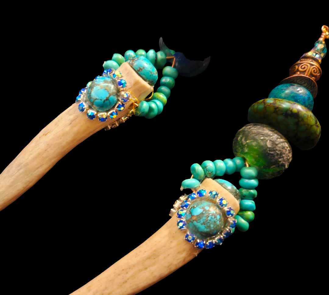 Avant Garde Turquoise and Sculpted Antler Horn Shoulder Duster Pierced