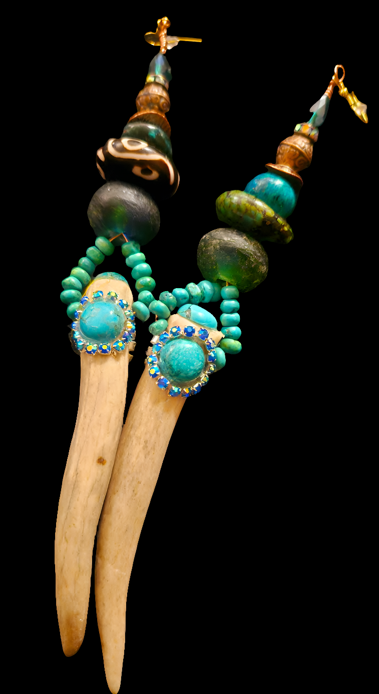 Avant Garde Turquoise and Sculpted Antler Horn Shoulder Duster Pierced