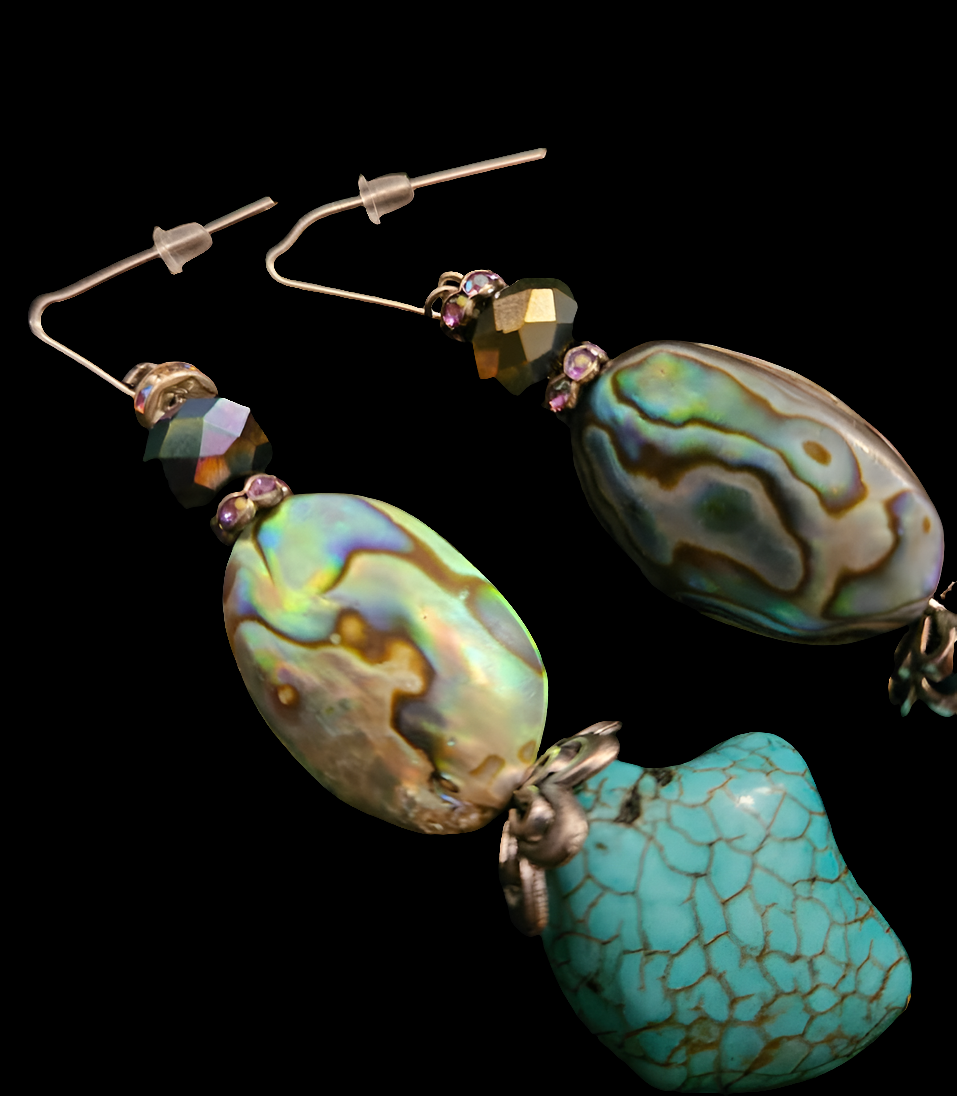 Abalone & Faux Turquoise Dangle Pierced Statement Earrings Gemstone