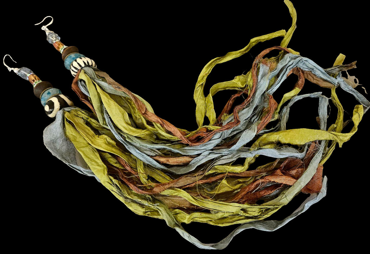 Soft Earth Tone Sari Silk Distressed Ribbon Sterling Silver Pierced