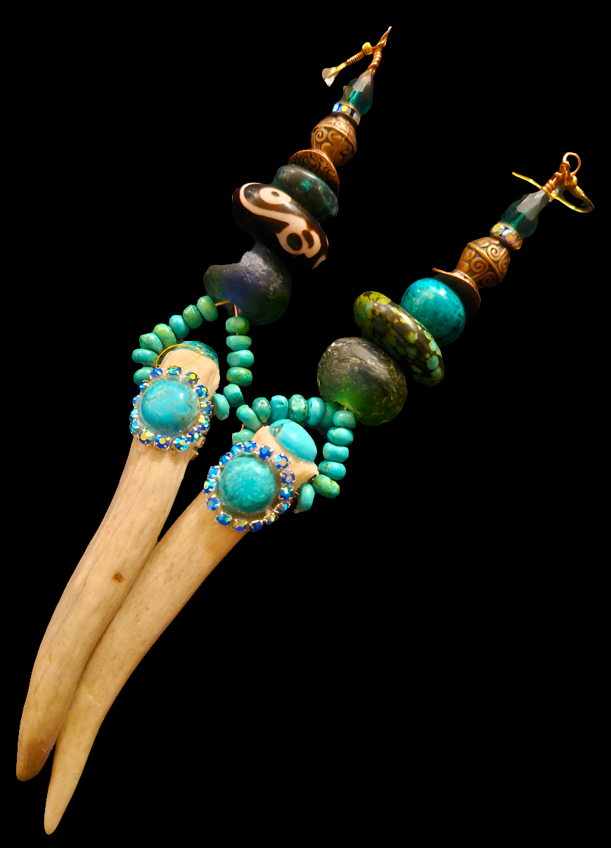 Avant Garde Turquoise and Sculpted Antler Horn Shoulder Duster Pierced