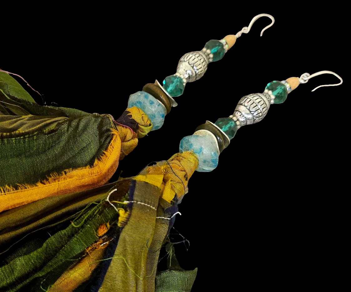 Earth Tone Distressed Silk Tassle Pierced Statement Earrings, Earthy S