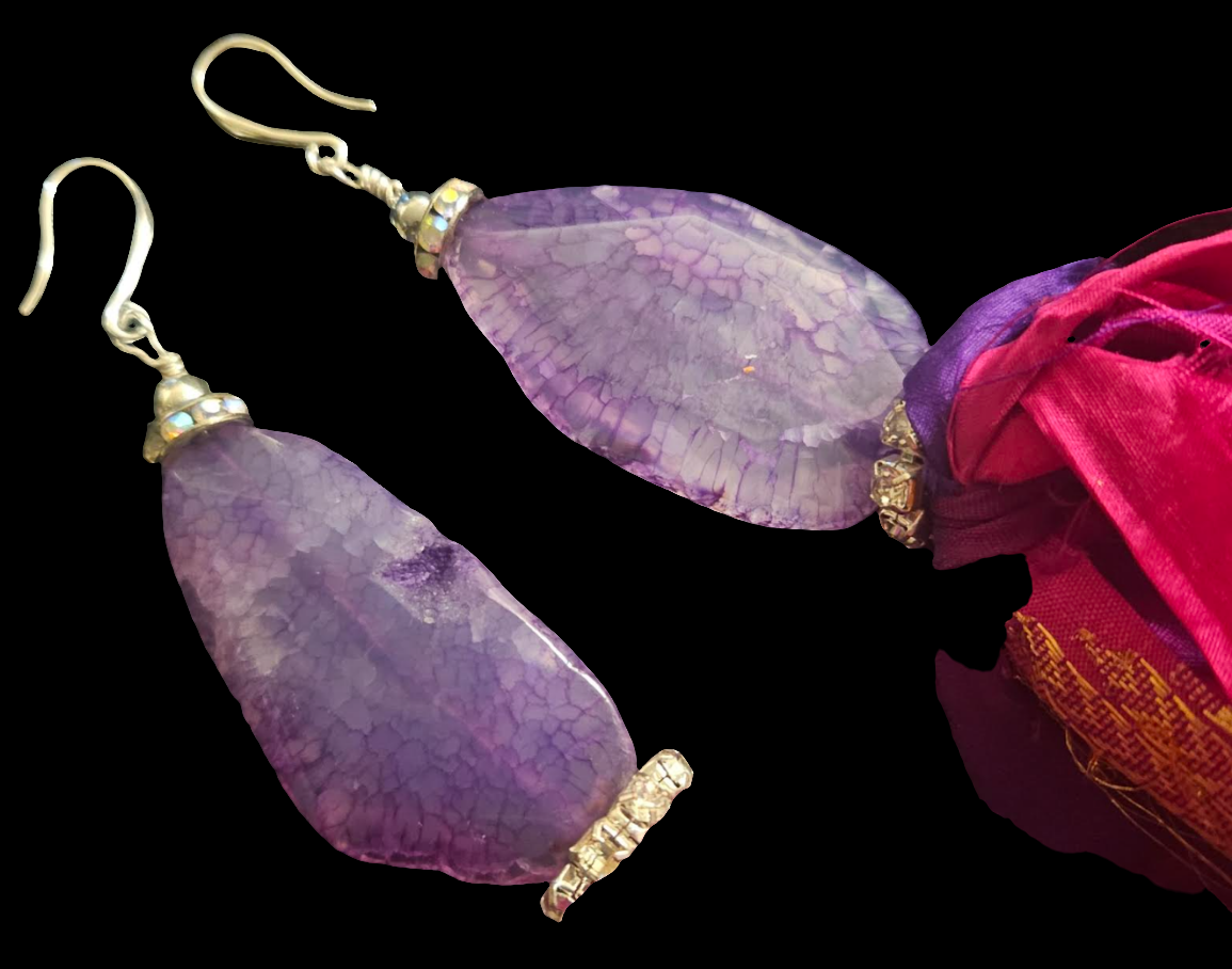 Fuchsia & Purple Sari Silk Ribbon With Agate Pierced Statement Earring