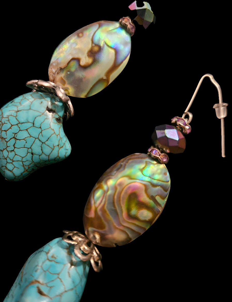 Abalone & Faux Turquoise Dangle Pierced Statement Earrings Gemstone