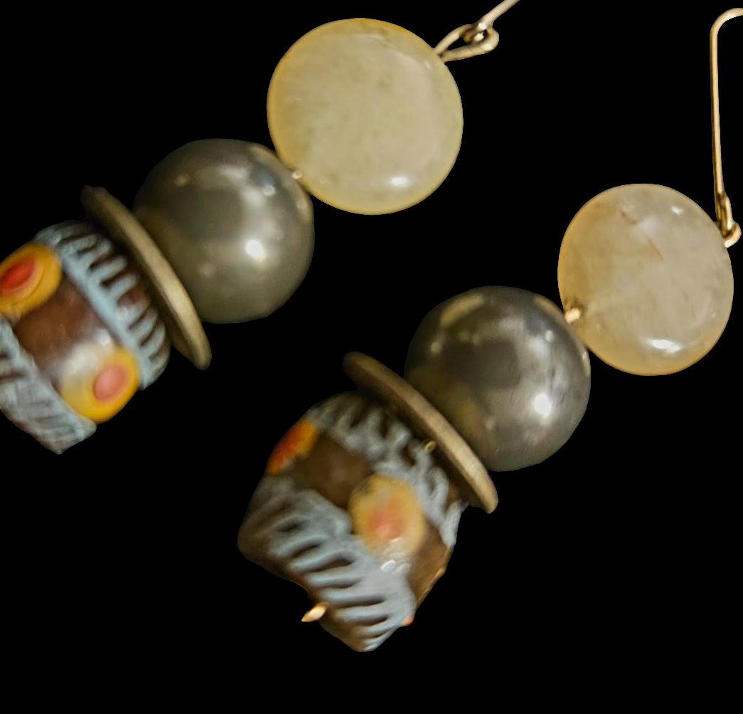Earth Tone Jasper Wood & Glass Shoulder Dusters Brown Earthy Long