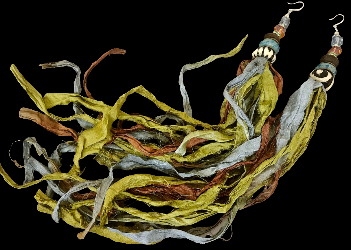 Soft Earth Tone Sari Silk Distressed Ribbon Sterling Silver Pierced