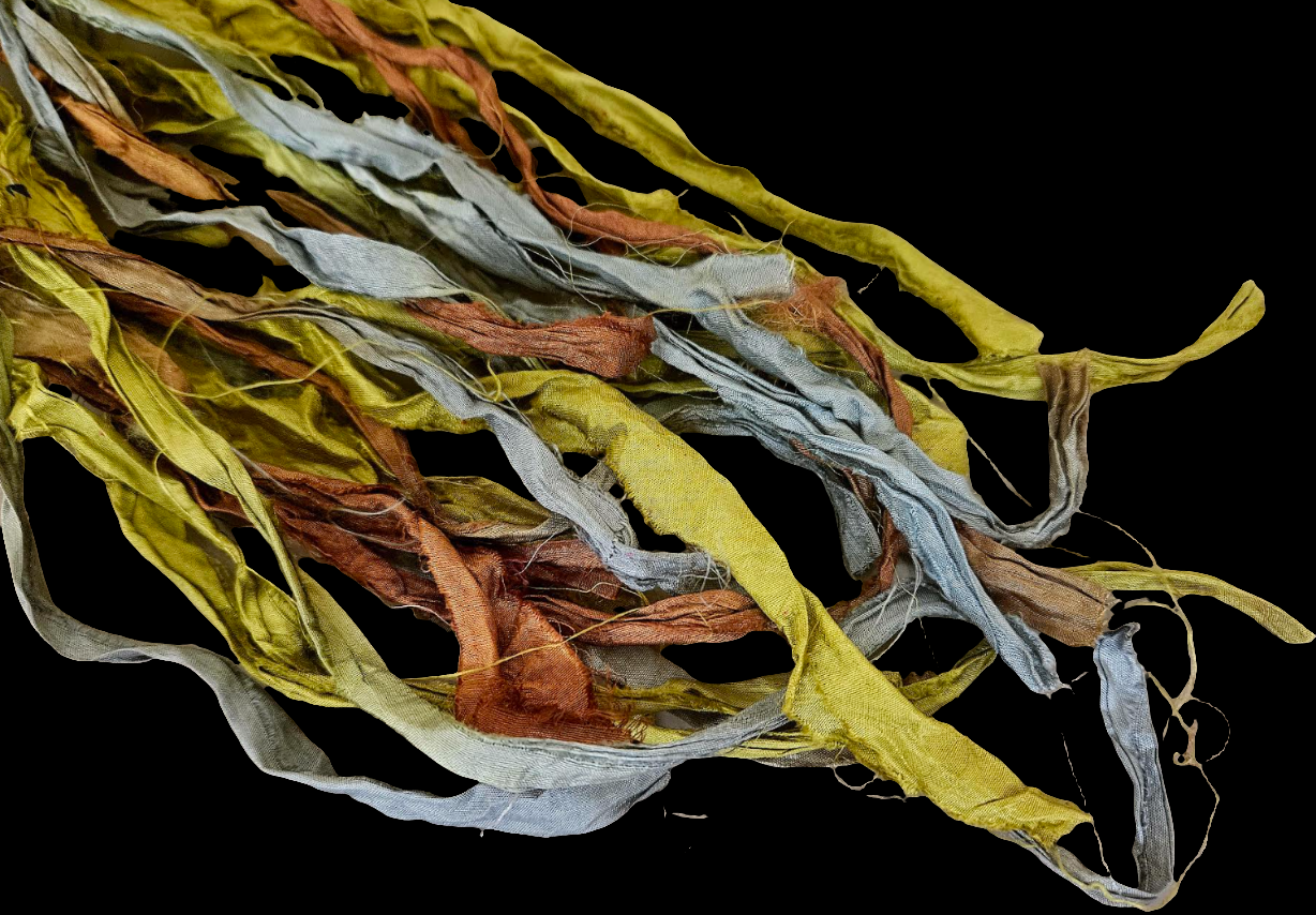 Soft Earth Tone Sari Silk Distressed Ribbon Sterling Silver Pierced