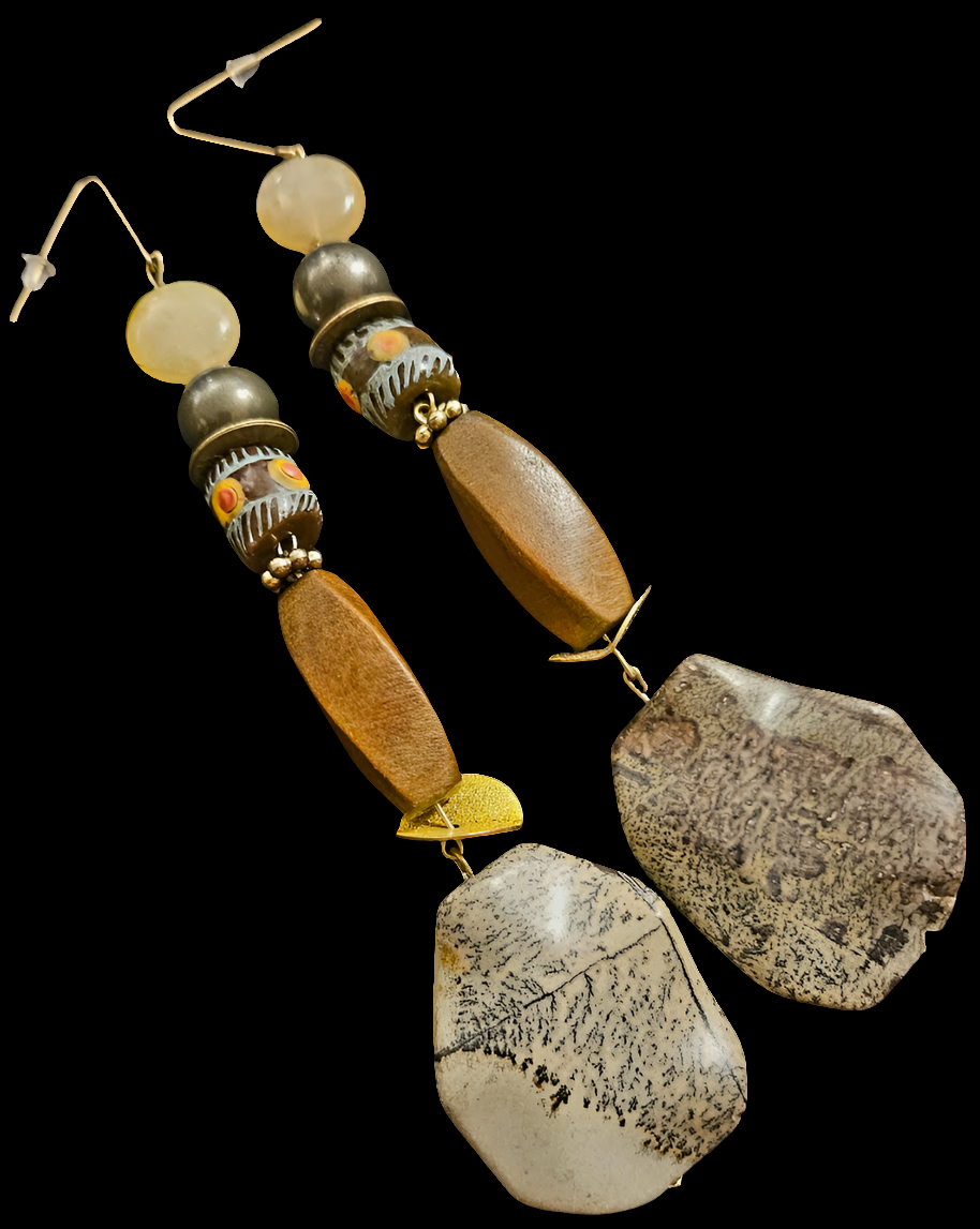 Earth Tone Jasper Wood & Glass Shoulder Dusters Brown Earthy Long