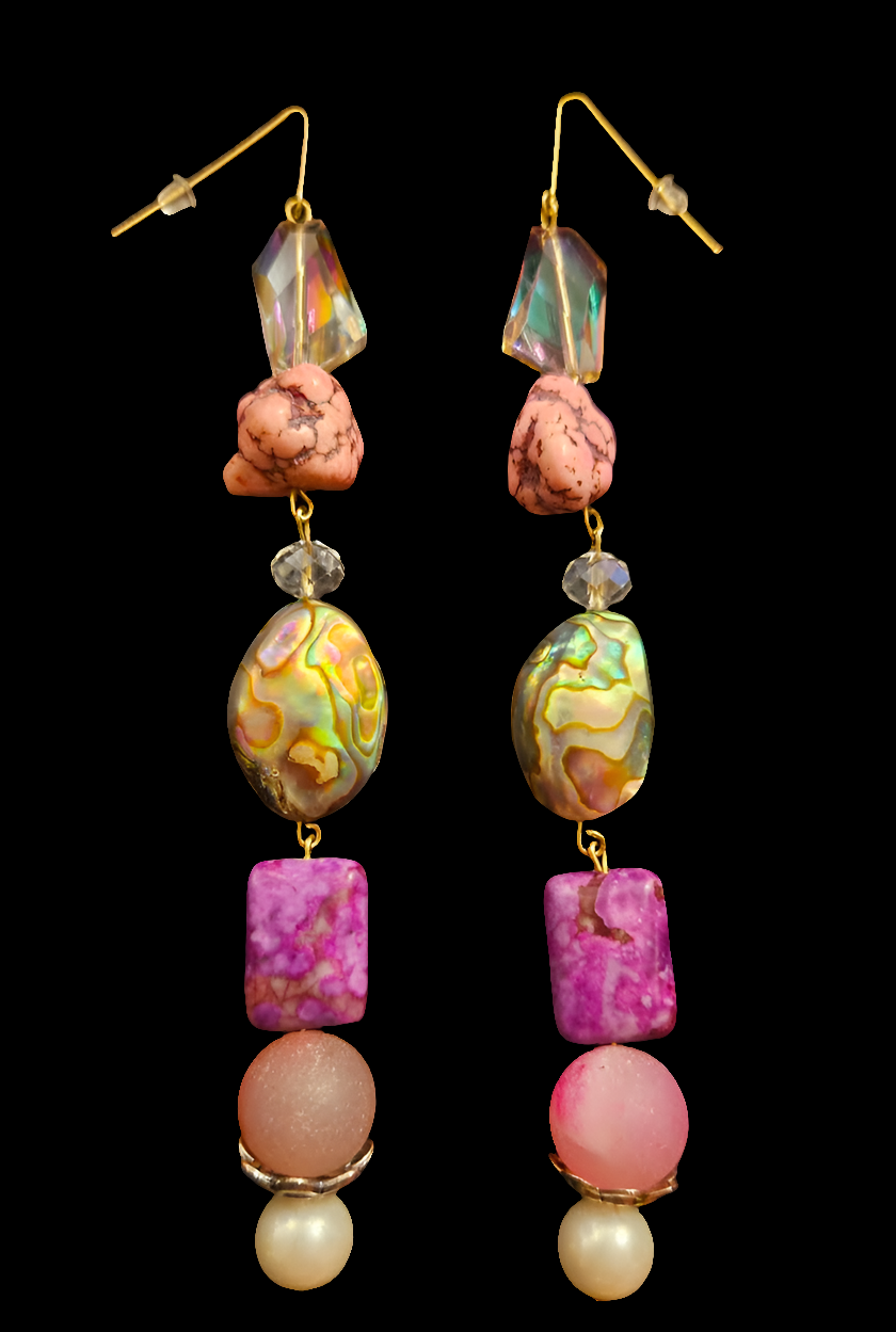 Pink Purple and Aurora Borealis Beaded Dangle Pierced Statement Earrin