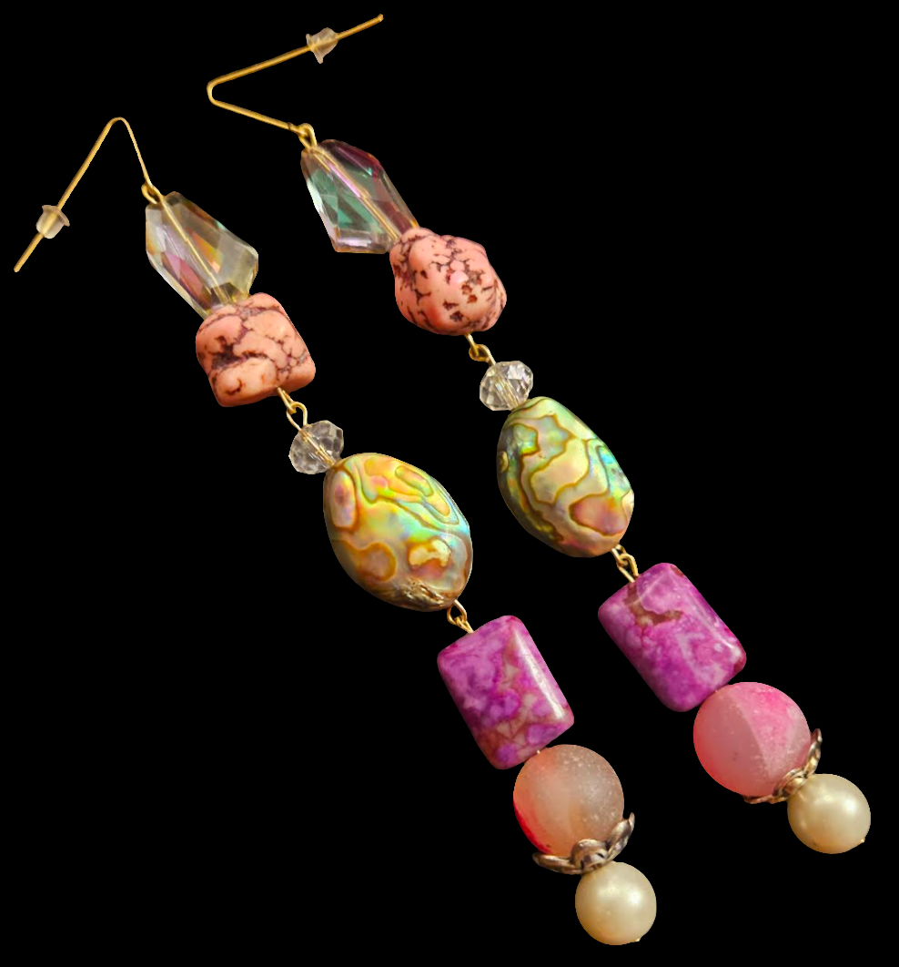 Pink Purple and Aurora Borealis Beaded Dangle Pierced Statement Earrin
