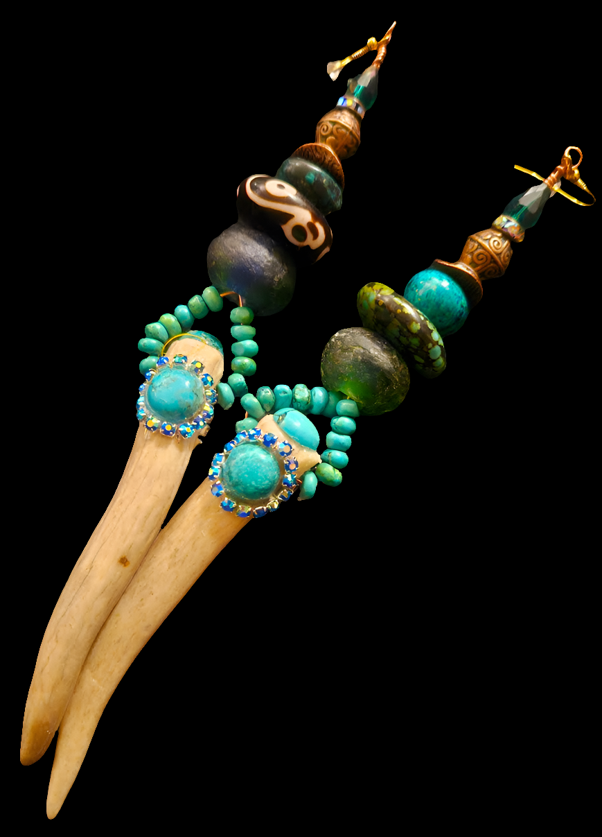 Avant Garde Turquoise and Sculpted Antler Horn Shoulder Duster Pierced