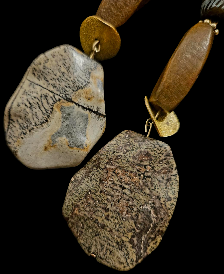 Earth Tone Jasper Wood & Glass Shoulder Dusters Brown Earthy Long