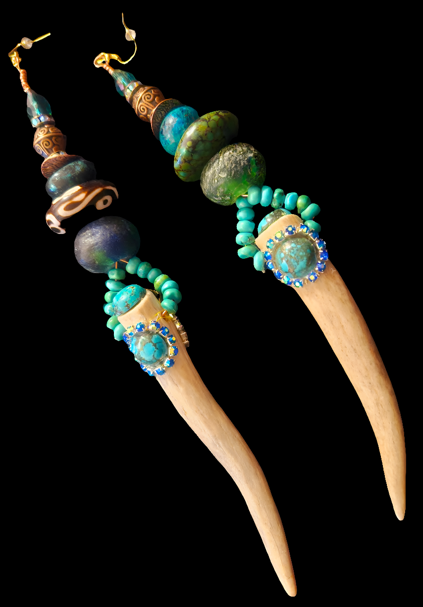 Avant Garde Turquoise and Sculpted Antler Horn Shoulder Duster Pierced