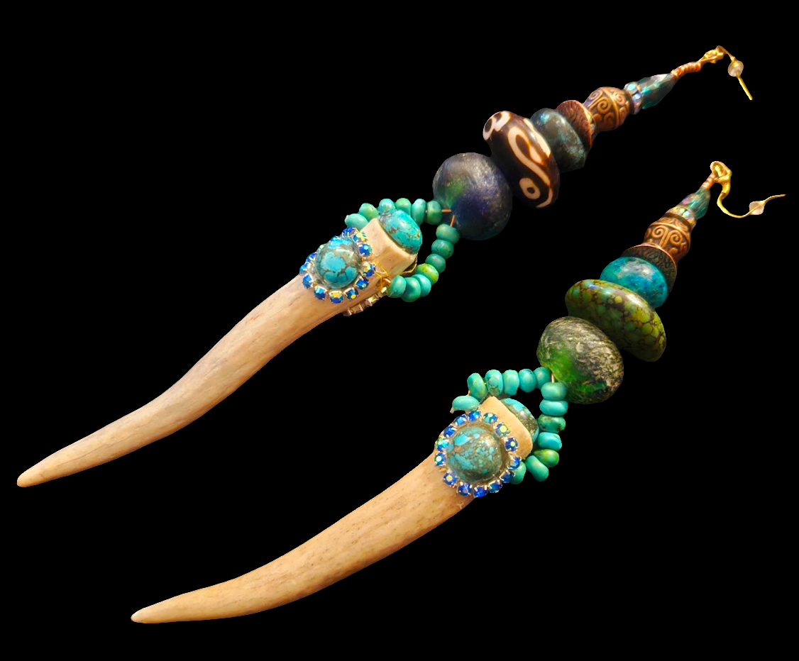 Avant Garde Turquoise and Sculpted Antler Horn Shoulder Duster Pierced