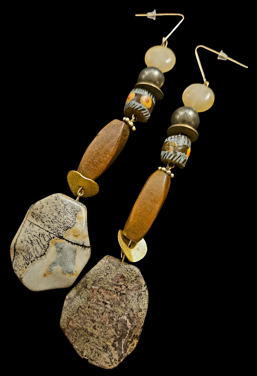 Earth Tone Jasper Wood & Glass Shoulder Dusters Brown Earthy Long