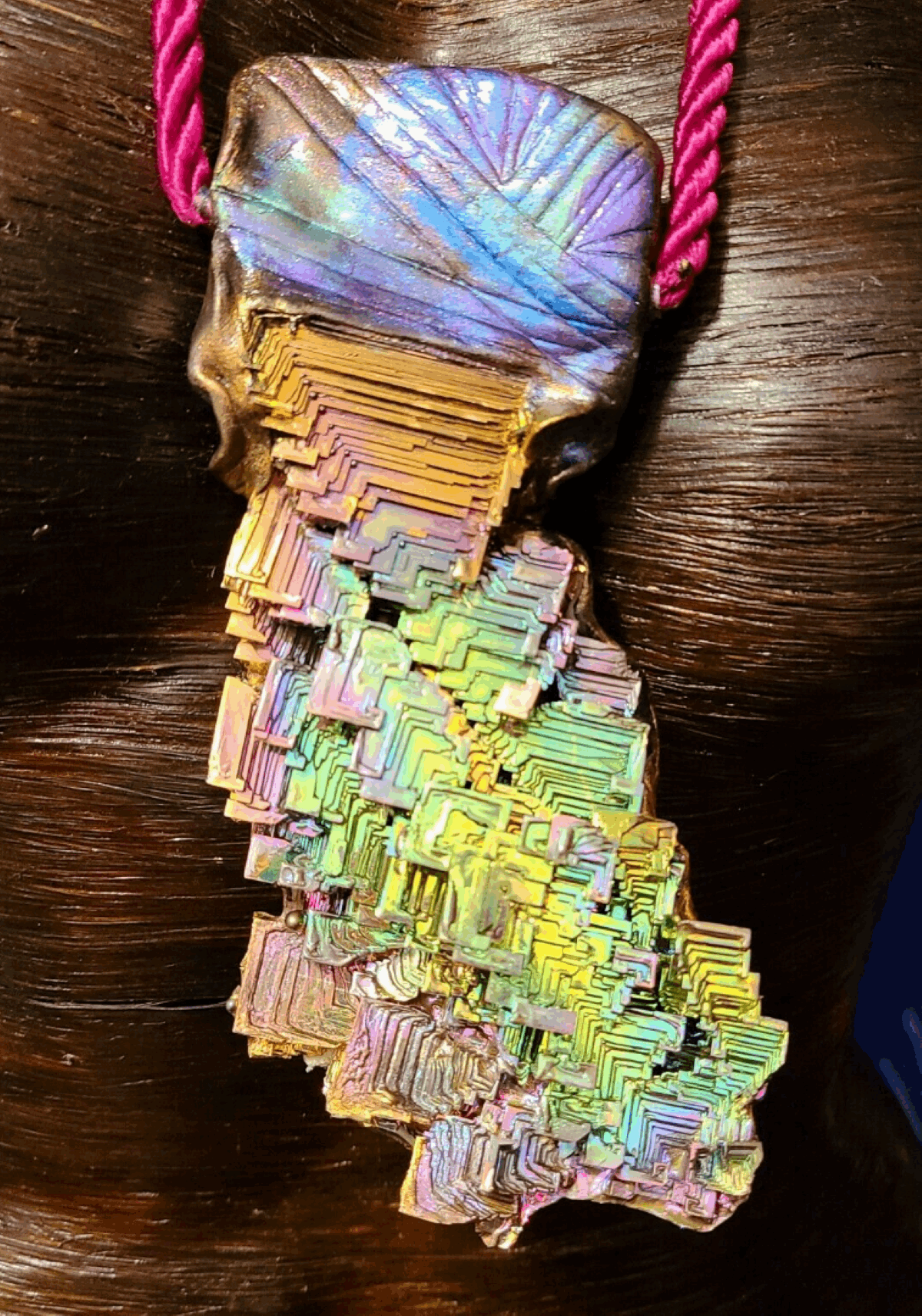 Bismuth Sculpted Talisman On A Silk Rope, Jewel Tone Crystal Talisman Unisex, Rainbow Lab Grown Crystal Amulet
