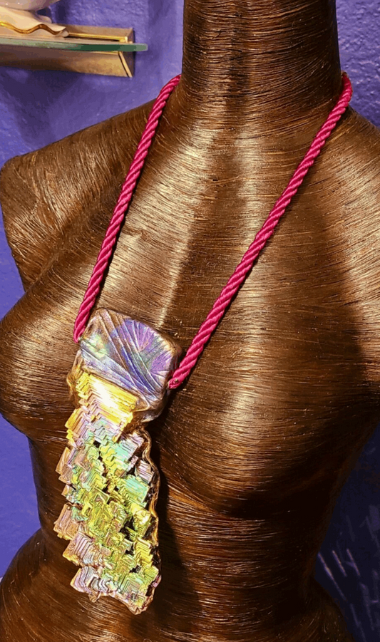 Bismuth Sculpted Talisman On A Silk Rope, Jewel Tone Crystal Talisman Unisex, Rainbow Lab Grown Crystal Amulet