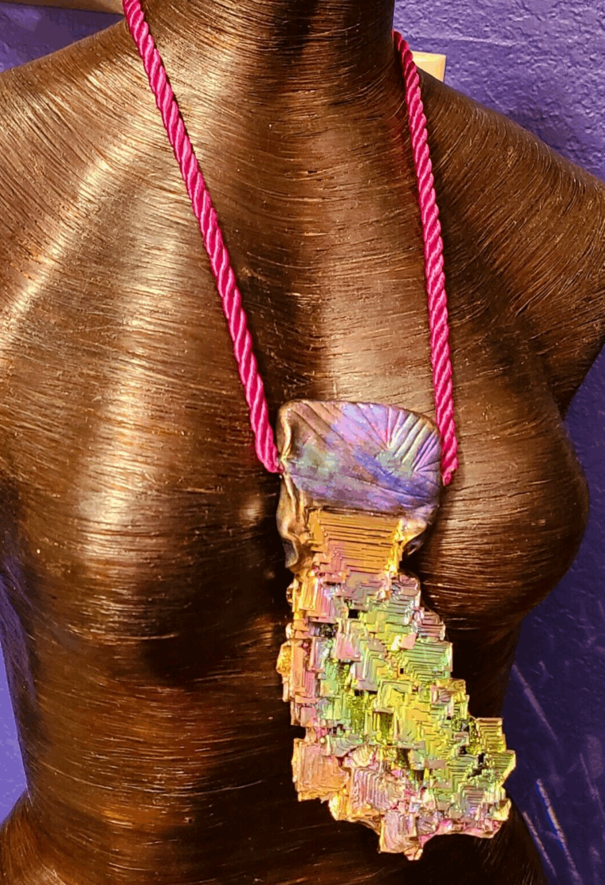 Bismuth Sculpted Talisman On A Silk Rope, Jewel Tone Crystal Talisman Unisex, Rainbow Lab Grown Crystal Amulet