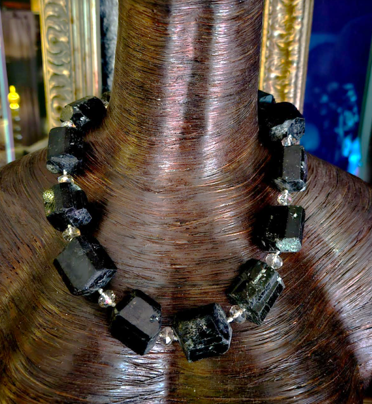 Rough Raw Black Tourmaline & Faceted Crystal Dramatic Luxury Necklace,